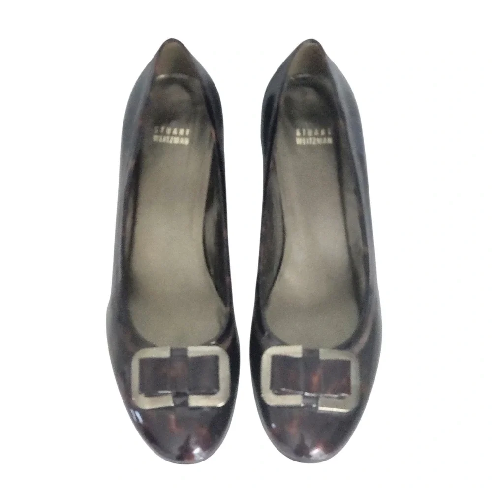 Stuart Weitzman Brown Tortoise Shell Patent Wedge Bow Pumps Shoes 12 M